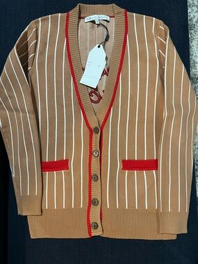 English Factory Tan Stripe Cardigan with Red Trim